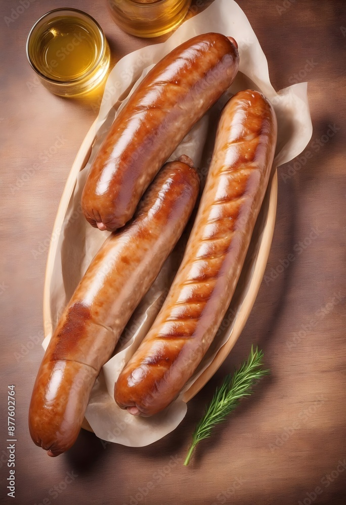 delicious Bratwurst Sausage at restaurant, ad shot, copy space for text delicious Bratwurst Sausage at restaurant, ad shot, copy space for text
