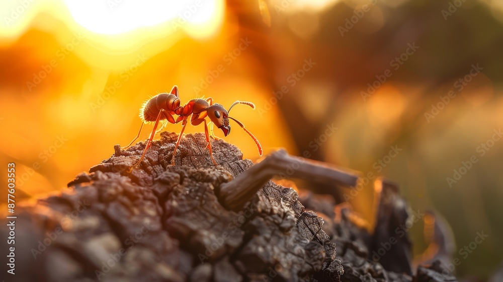 Macro shooting of an ant. An ant at sunset. Sunset and an ant on a log Macro shooting of an ant. An ant at sunset. Sunset and an ant on a log