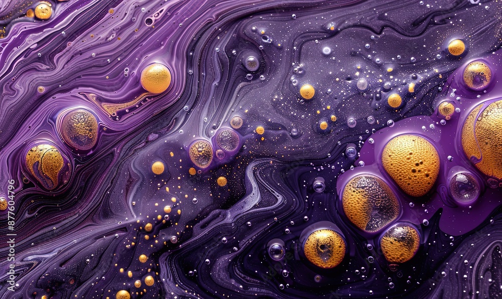 Purple and yellow soap bubbles in paint create an abstract design suitable for a colorful background Purple and yellow soap bubbles in paint create an abstract design suitable for a colorful background