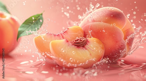 Dynamic splashes of water around the peach and its slice against a bright red background, highlighting the freshness and organic appeal of the fruit.