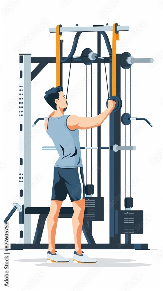 Fototapeta premium flat illustration of a man performing exercises in a gym, focusing on physical fitness and strength training a clean white background