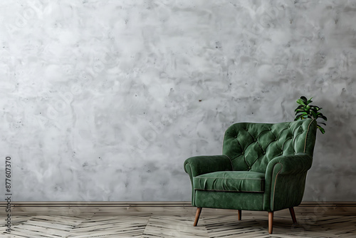 A green velvet armchair, grey wall, and wooden floor create a cozy and inviting atmosphere for interior design inspiration. 
