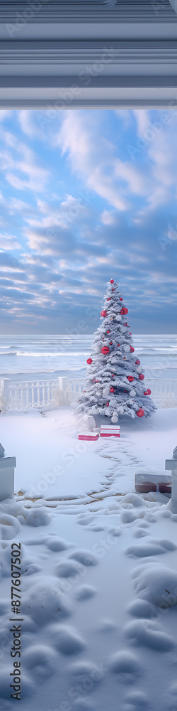 Fototapeta premium A snowy Christmas scene with a white tree, red ornaments, and gifts, perfect for winter holiday designs. 