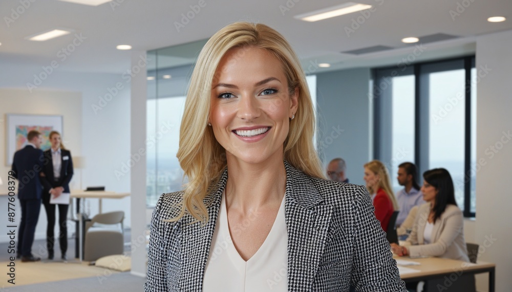 Confident female executive in modern office, smiling at camera Confident female executive in modern office, smiling at camera