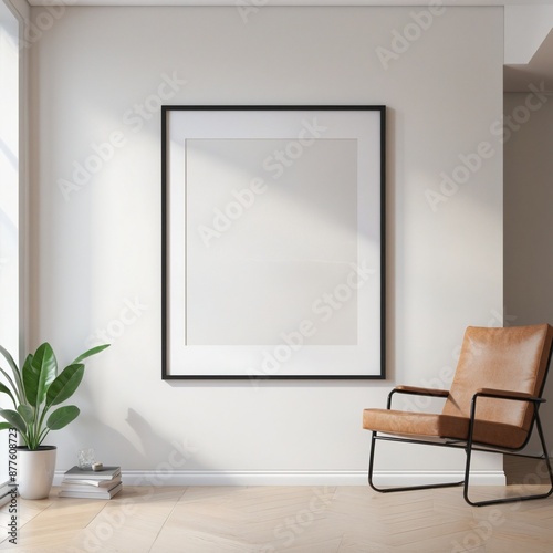 3D rendering of a contemporary office decor with a blank luxury frame in a modern urban setting, incorporating minimalist Nordic design elements