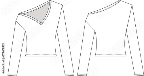 long sleeve asymmetric v neck fit elastic blouse top template technical drawing flat sketch cad mockup fashion woman design style model
