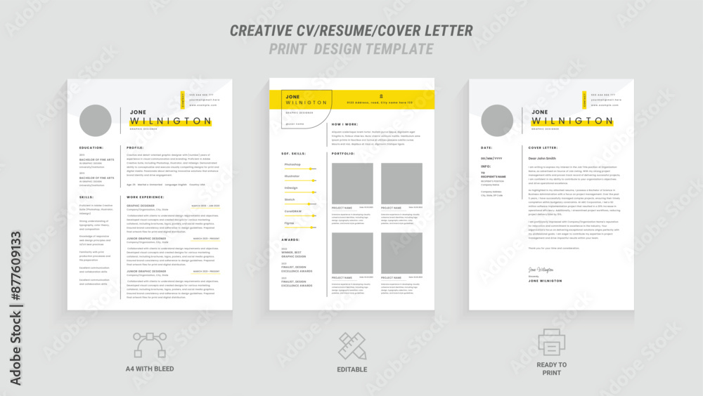 Modern Minimalist CV/Resume Template Two Page Vector Design with Bright Yellow Header - Clean, Stylish, and Professional Layout for Business Job Applications, Cover Letter Included Modern Minimalist CV/Resume Template Two Page Vector Design with Bright Yellow Header - Clean, Stylish, and Professional Layout for Business Job Applications, Cover Letter Included