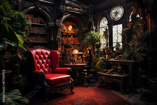 Elegant old-fashioned library interior with red leather chair, antique books, and classic decor