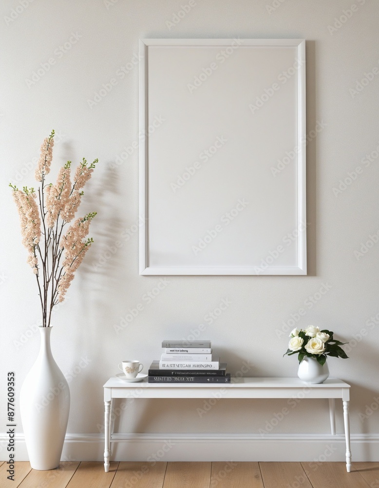 Elegant frame mockup in a cozy, minimalist living room setting with a touch of vintage charm - 3D render Elegant frame mockup in a cozy, minimalist living room setting with a touch of vintage charm - 3D render
