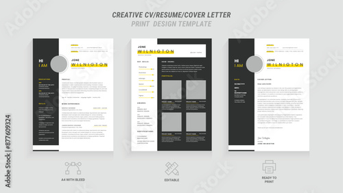 Modern Minimalist CV/Resume Template Two Page Vector Design with Bright Yellow Header - Clean, Stylish, and Professional Layout for Business Job Applications, Cover Letter Included