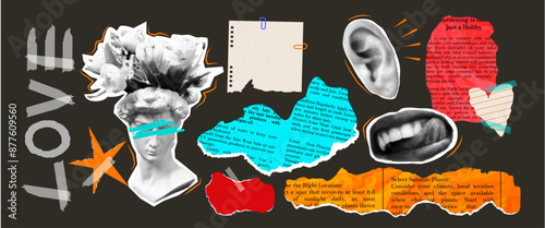 Collection and set of design elements in modern trendy design. Retro collage in halftone style and pieces of torn and crumpled paper. Stationery tape. A sheet . Concept for the web. Sculpture. Vector