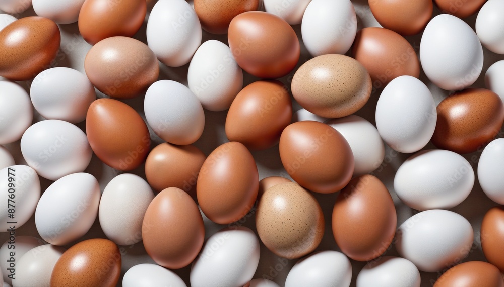 Aerial view of a multitude of fresh brown eggs, rich in protein, against a red background Aerial view of a multitude of fresh brown eggs, rich in protein, against a red background