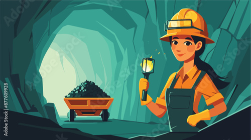 An asian confident coal miner. A female miner in hard