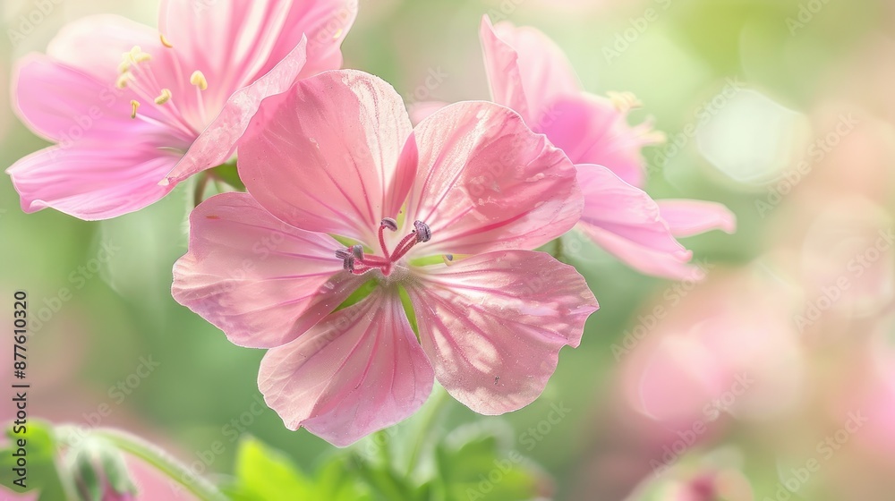 Close up of pink geranium flower with stamens and pistil on green background Blooming pale purple geranium in macro photography Delicate peach pink flower wallpaper Close up of pink geranium flower with stamens and pistil on green background Blooming pale purple geranium in macro photography Delicate peach pink flower wallpaper