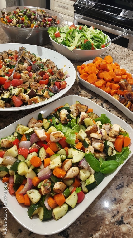 A close-up view of a table setting showcasing various fresh salads, including grilled chicken and an assortment of vegetables such as zucchini, carrots, and sweet potatoes A close-up view of a table setting showcasing various fresh salads, including grilled chicken and an assortment of vegetables such as zucchini, carrots, and sweet potatoes