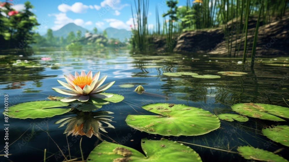 The tranquility of a pond is beautifully portrayed, adorned with the vibrant presence of blooming water lilies. The tranquility of a pond is beautifully portrayed, adorned with the vibrant presence of blooming water lilies.