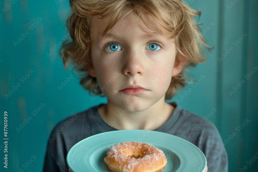 Sad boy holding a plate with a donut, struggling with temptation and healthy eating habits Sad boy holding a plate with a donut, struggling with temptation and healthy eating habits