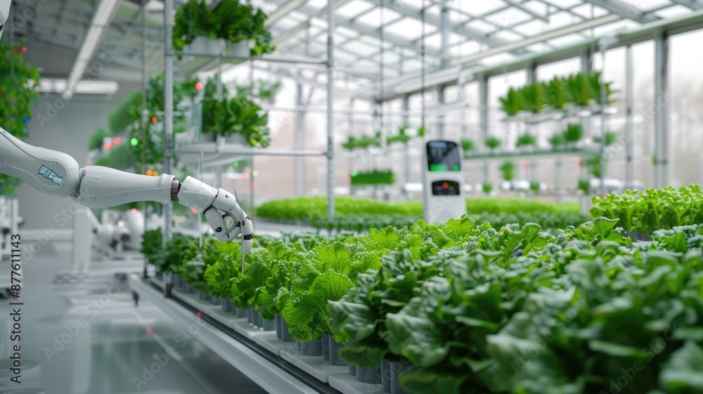 A robotic arm is tending to rows of hydroponic lettuce in a modern, glass greenhouse A robotic arm is tending to rows of hydroponic lettuce in a modern, glass greenhouse
