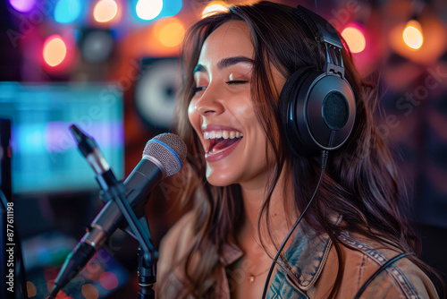 Female artist recording music in studio: Capturing the soulful sound of a woman's voice photo