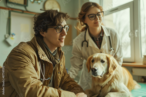 Fashionable Man and his Golden Retriever at the Vet: Pup's Check-Up with Female Veterinarian