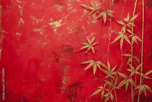 Golden Bamboo Deconstructed: Minimalist Thin Line Drawing on Pure Red Wallpaper in 8K HD Lith Printing photo