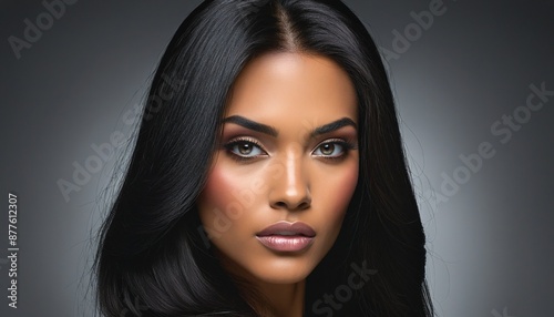 An exotically alluring portrait of a stylish woman with luxurious long black hair in her 30s
