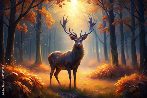 A majestic white deer stands in a magical autumn forest © Andrey