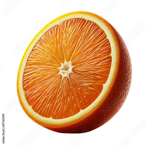 A vividly detailed cross-section of an orange, showcasing its vibrant orange pulp and intricate segments, isolated on a transparent background