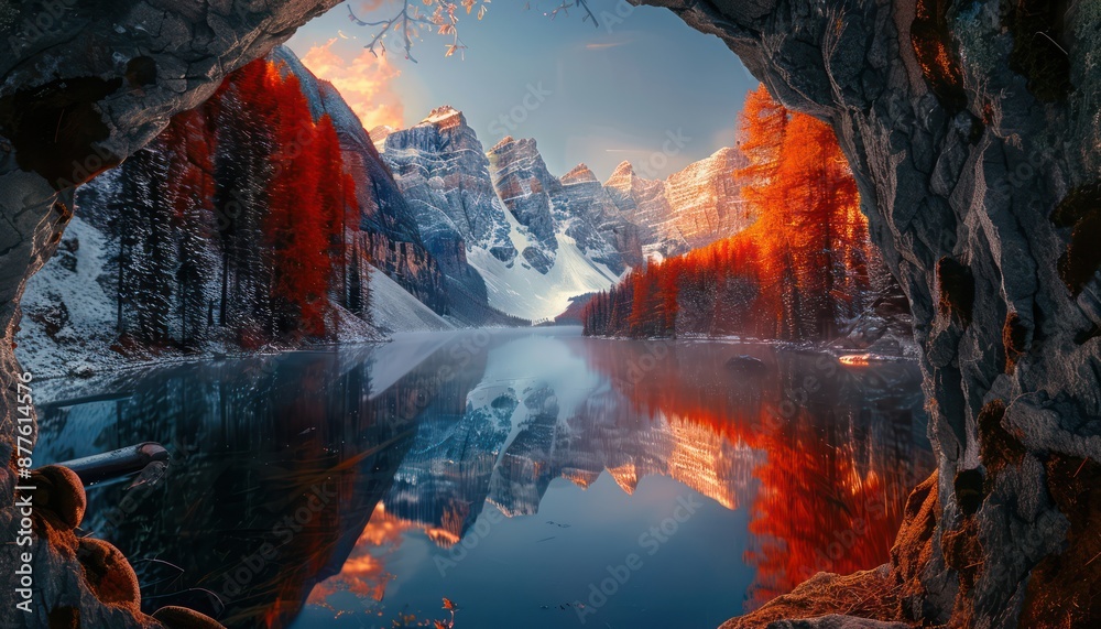 Fototapeta premium Stunning view of snow capped mountains and glacial lake from inside a cave at sunrise. Concepts. adventure, nature, landscape, scenic, travel