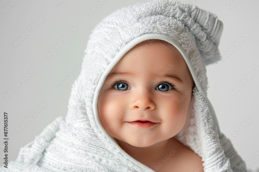 Adorable infant with a towel on their head beams against a blank canvas Adorable infant with a towel on their head beams against a blank canvas