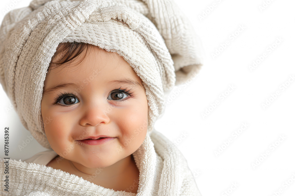 Adorable infant with a towel on their head grins against a white backdrop Adorable infant with a towel on their head grins against a white backdrop