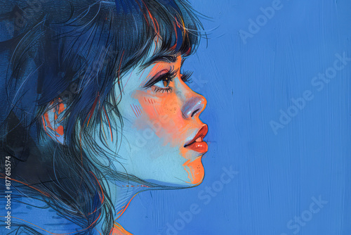 Retro Sci-Fi Portrait: Detailed Side Profile Drawing of a Futuristic Cute Girl photo