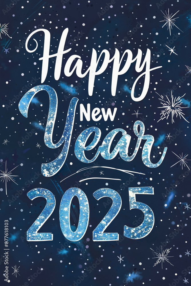 Greeting card with calligraphy lettering Happy New Year 2025 Colorful Celebration, ideal for Holiday Greeting Cards, Party Invitations, Festive Poster in blue and white color on dark background