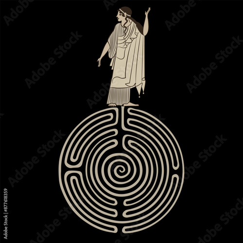 Ariadne. Ancient Greek woman standing on a round spiral maze or labyrinth symbol. Creative mythological concept. photo