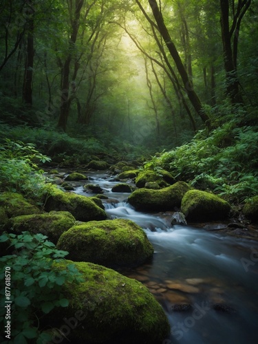 Forest scene features gentle stream flowing over moss-covered rocks, surrounded by lush green foliage, tall trees. Sunlight filters through dense canopy, casting soft, ethereal glow on forest floor.