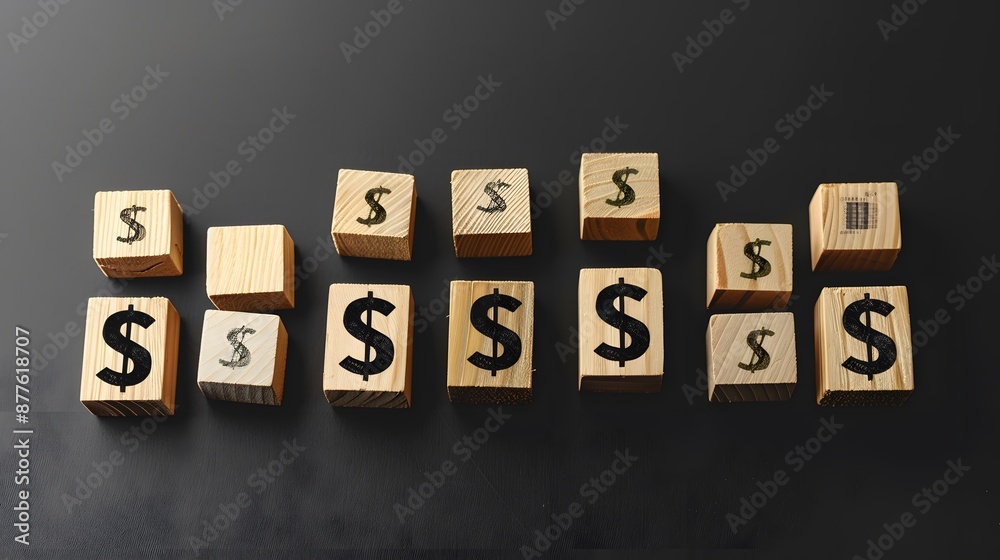 Obraz premium Wooden blocks with currency symbols and upward trend on a black background, illustrating financial growth and profit increase. Flat lay. High quality, no realistic photo details.