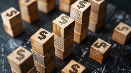 Wooden blocks with currency symbols and upward trend on a black background, illustrating financial growth and profit increase. Flat lay. High quality, no realistic photo details. photo