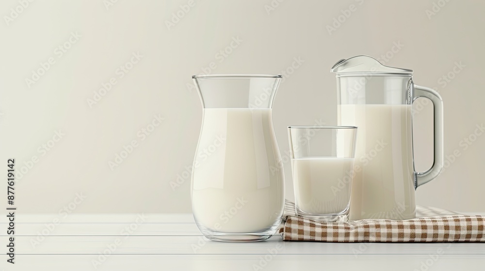 A pitcher and two glasses of eggnog are arranged on a white wooden table, with a checkered napkin underneath them and a sprig of pine needles to the side A pitcher and two glasses of eggnog are arranged on a white wooden table, with a checkered napkin underneath them and a sprig of pine needles to the side