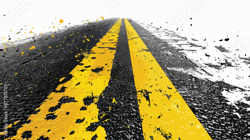 Asphalt road with yellow painted marking in close up