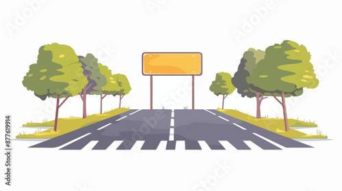 Asphalt road with yellow painted sign flat vector style