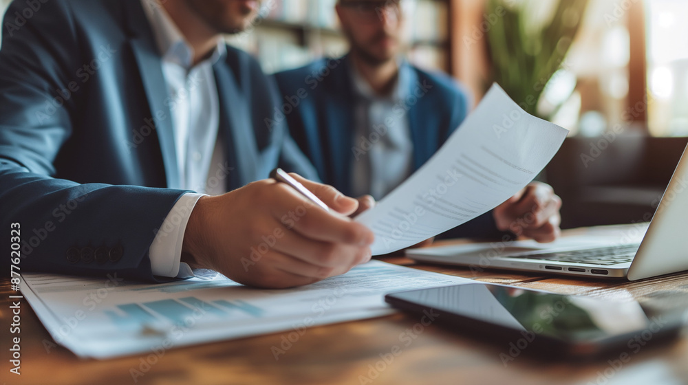 bank manager consulting employee reading document at meeting bank manager consulting employee reading document at meeting