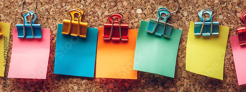 Colorful blank notes on corkboard, perfect for planning, organizing, and reminding, with a rustic and vintage style. 
