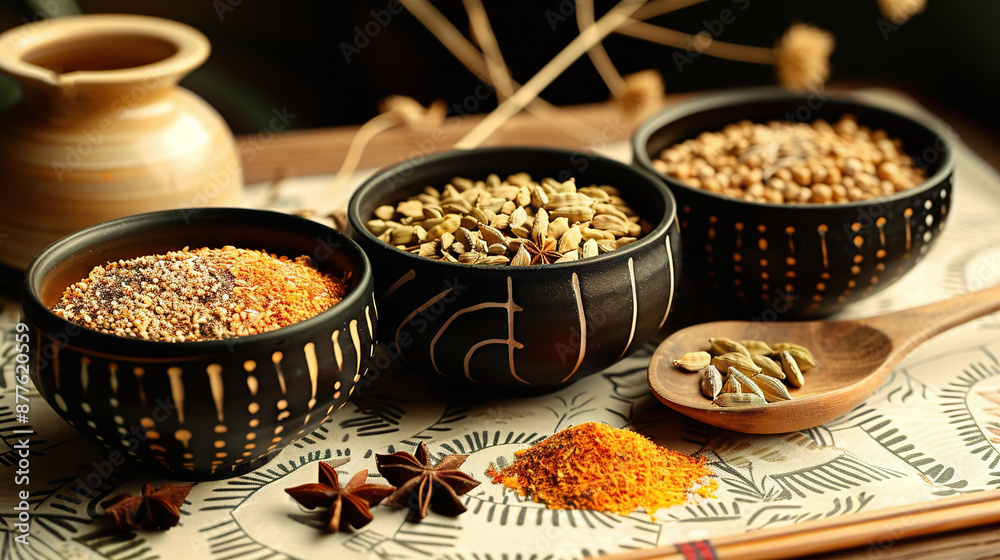 Three bowls of food on a table with chopsticks and a vase Three bowls of food on a table with chopsticks and a vase