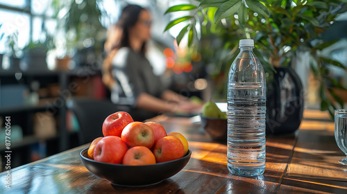 A telephoto angle photo of an office worker using a standing desk, with a water bottle and a bowl of fruit on the desk, promoting hydration and healthy choices, environmental scien photo