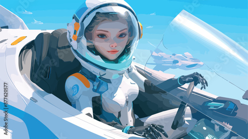 Astronaut futuristic space girl come out from her space
