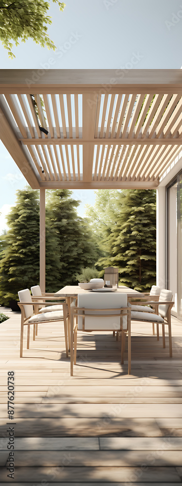 Fototapeta premium Modern wooden patio furniture, green trees, and light wood, showcasing a tranquil outdoor dining experience. 