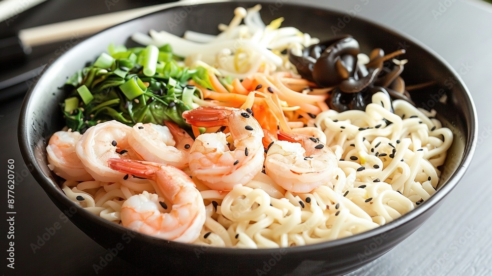 A bowl of noodles featuring shrimp, broccoli, carrots, and black olives on a table A bowl of noodles featuring shrimp, broccoli, carrots, and black olives on a table