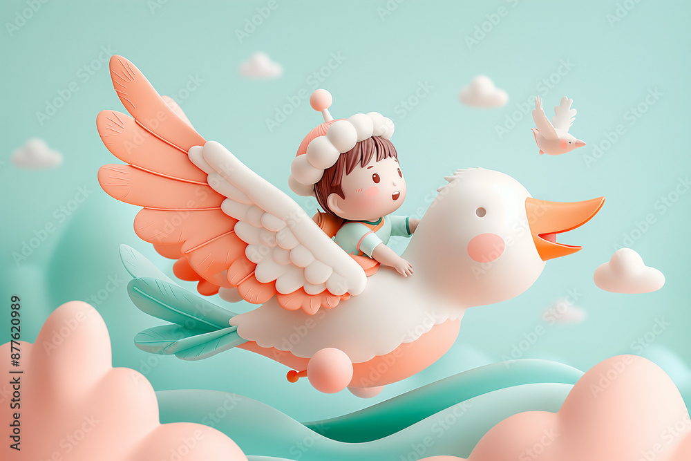Girl and the bird, pastel colors, minimal concept Girl and the bird, pastel colors, minimal concept