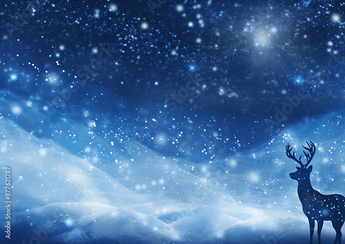 Silhouette of a deer in a snowy landscape with blue, white and black colors, a magical winter scene, perfect for holiday designs. 