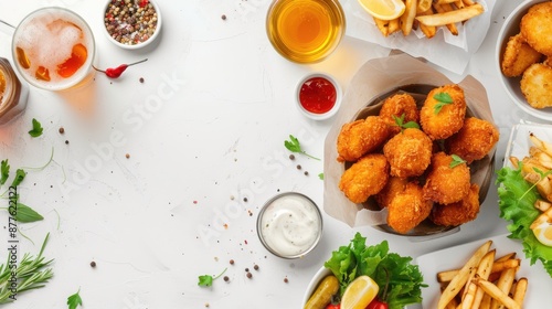 Fried food on a white plate with green onions, ketchup, salad, and beer in the background